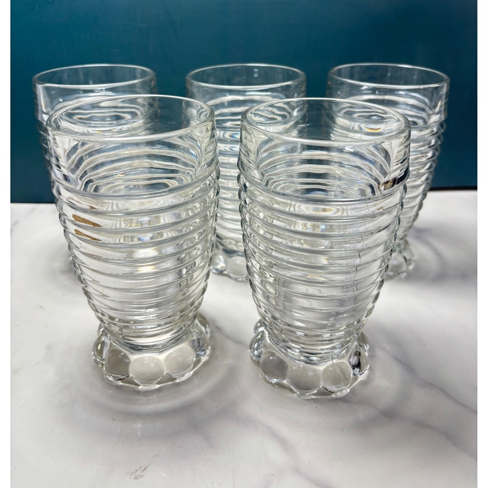 Vintage 5 Pc Anchor Hocking Manahattan Clear Ribbed Glasses Tumblers Bubble Base